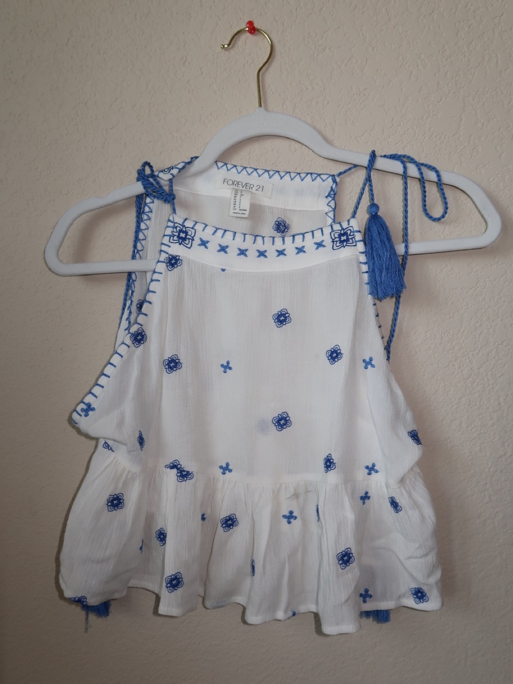 Forever 21 White Cropped Tank with Blue Embroidery